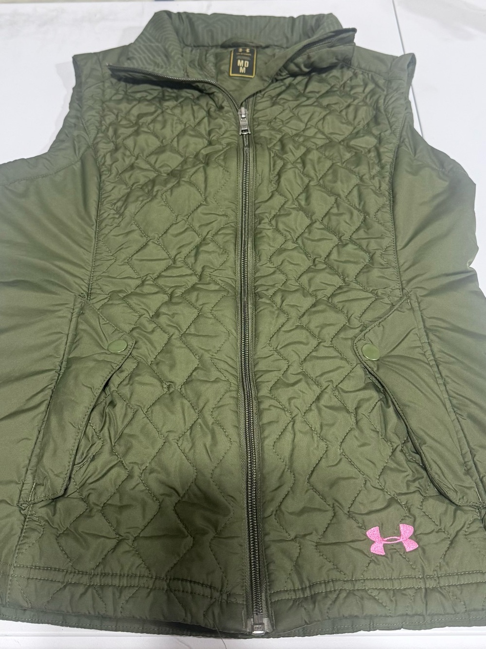 Under Armour Olive Green Quilted Girls Vest with Pink Logo
